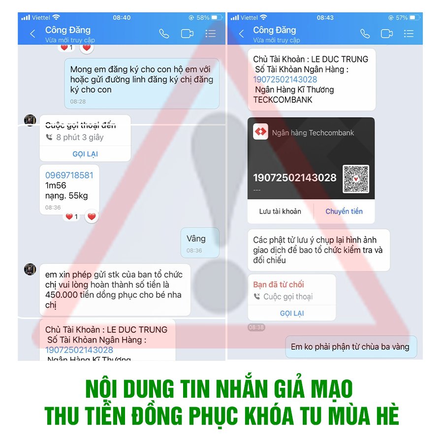 Một phụ huynh được nick lạ chủ động nhắn tin. Nick này nói sẽ giúp đăng ký cho được tham gia Khoá tu mùa hè tại chùa Ba Vàng. Sau đó, nick này nhắn người phụ huynh chuyển tiền theo số tài khoản nick này cung cấp (không phải của chùa Ba Vàng) để may đồng phục cho khoá sinh.  Ban Quản trị xin thông báo, nick này không phải là Phật tử của chùa. Chùa Ba Vàng hoàn toàn không thu tiền quần áo đồng phục của khóa sinh.