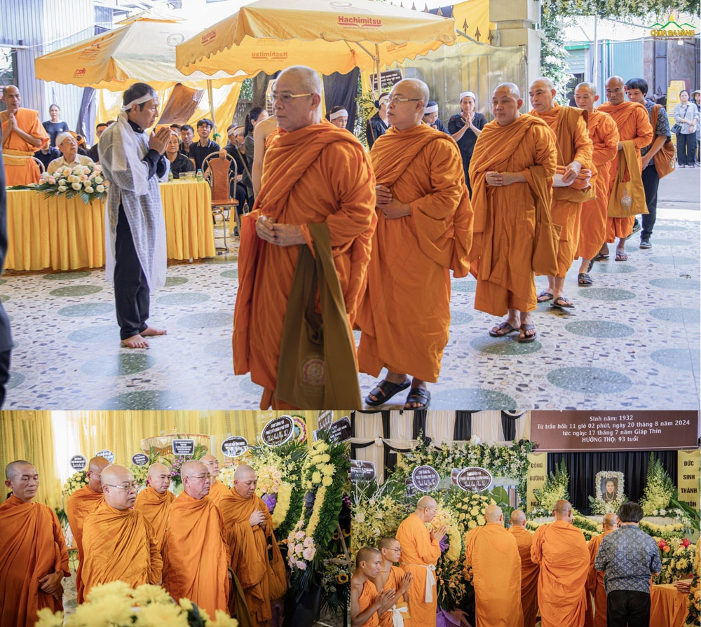 Chư Tăng hệ phái Phật giáo Nam Tông Kinh do Hòa thượng Quang Minh - Trụ trì chùa Phật Bảo dẫn đoàn tiến vào nơi tổ chức tang lễ.