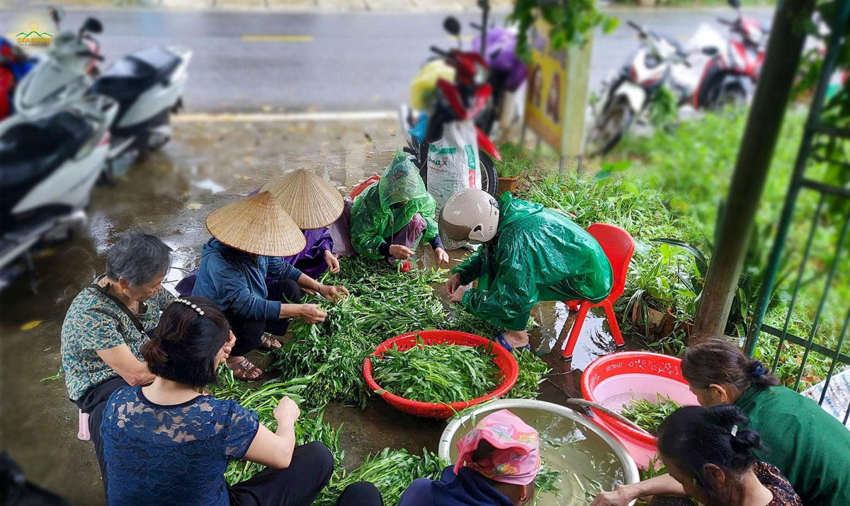 Không ngại mưa nắng, các Phật tử cùng nhau chuẩn bị những suất cơm gửi đến bà con vùng lũ