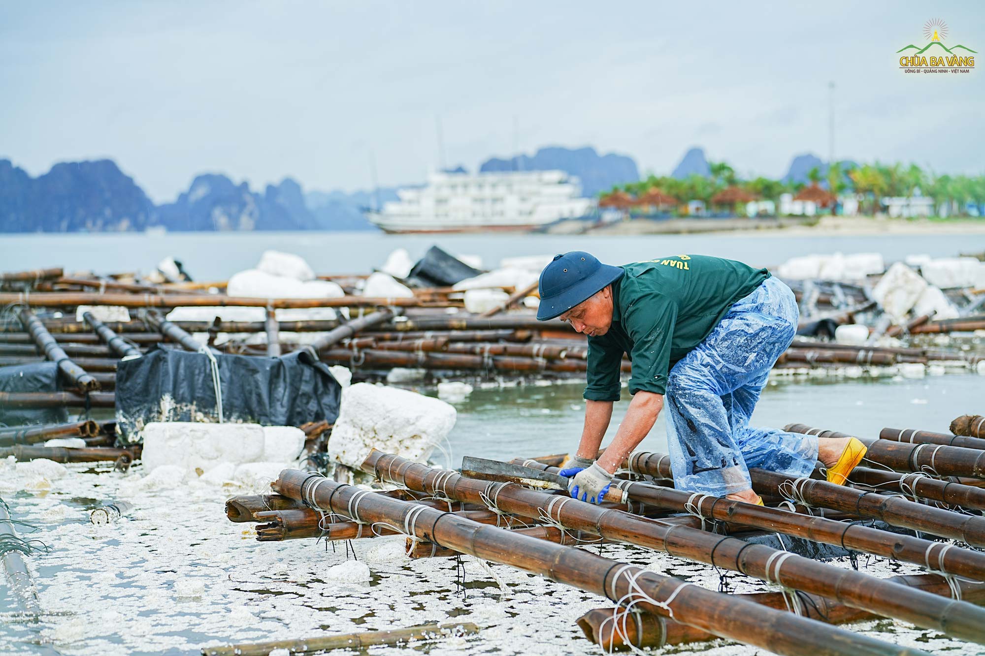 Chú Khánh gỡ bè để vận chuyển lên bờ
