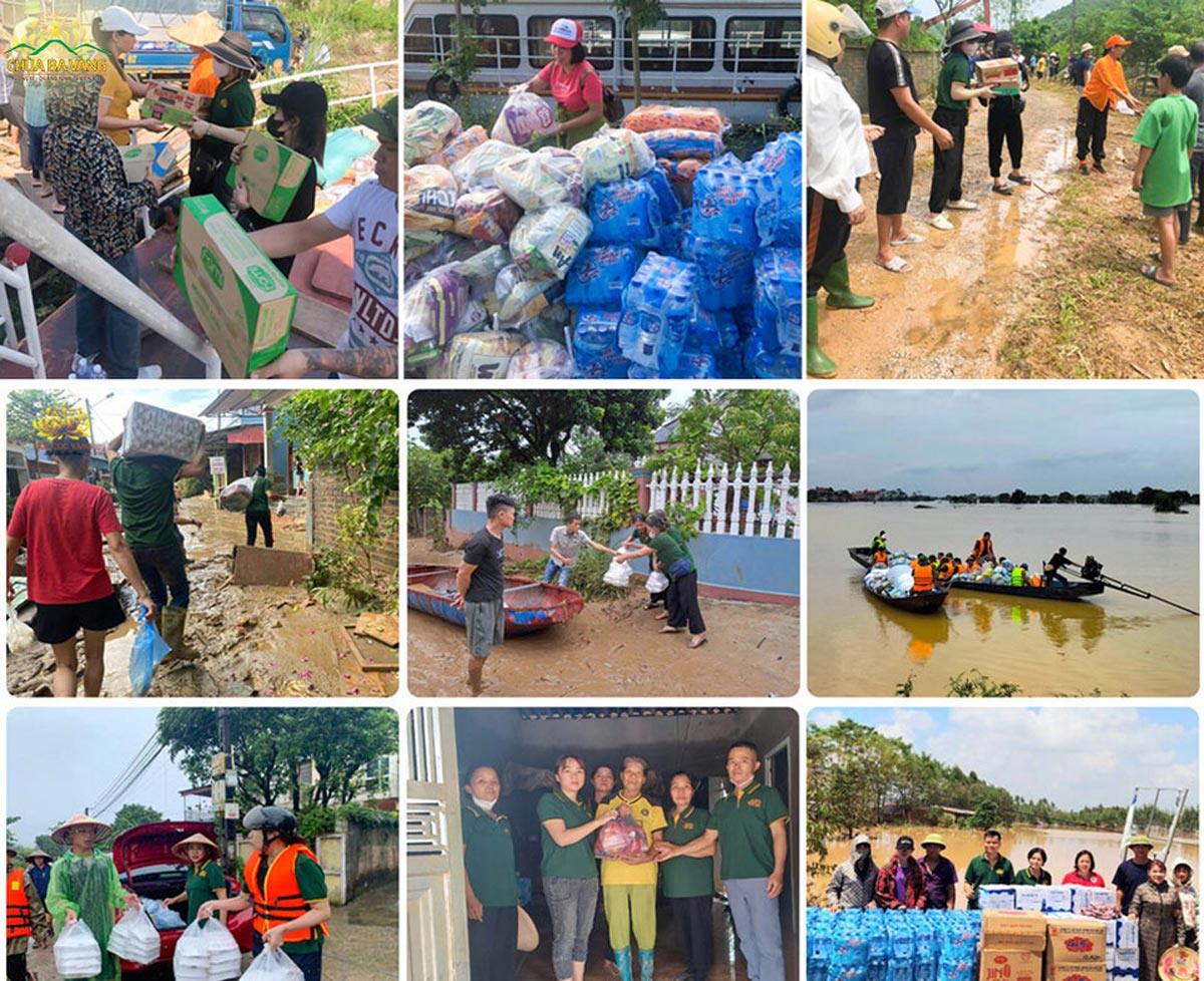 Các nhóm, đạo tràng ở Nam Định, Yên Bái, Thái Nguyên, Bắc Giang, Lào Cai,... chuyển cơm cứu trợ tới bà con bị ảnh hưởng bởi bão lũ