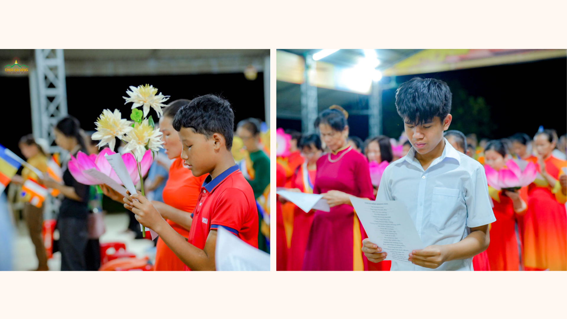 Bạn nhỏ chăm chú tụng kinh Khánh đản trong buổi lễ