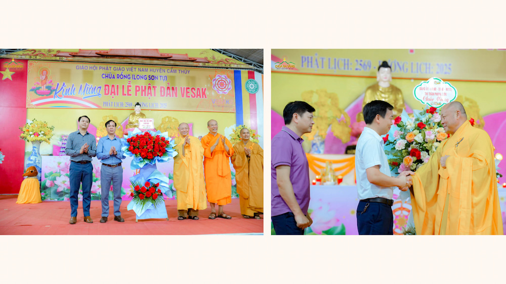 Nhân lễ Phật đản đầy ý nghĩa, các vị đại biểu chính quyền địa phương, các tổ chức và cá nhân gửi tặng những lẵng hoa tươi thắm chúc mừng buổi lễ