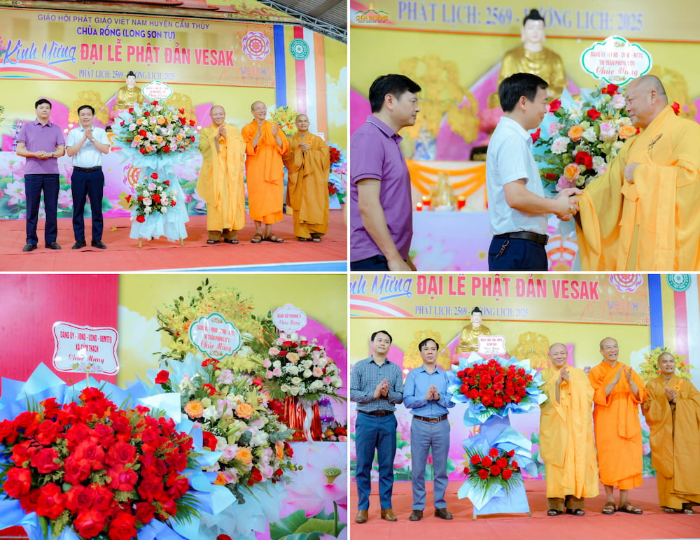 Nhân lễ Phật đản đầy ý nghĩa, các vị đại biểu chính quyền địa phương, các tổ chức và cá nhân gửi tặng những lẵng hoa tươi thắm chúc mừng buổi lễ