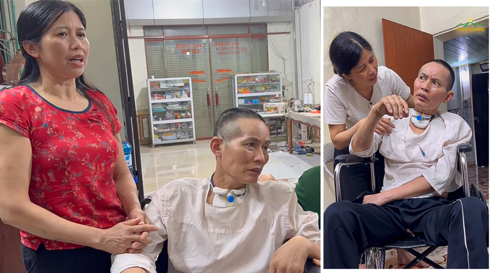 Gia đình chị Hà, anh Thắng nhận được xe lăn mà chùa Ba Vàng gửi tặng  