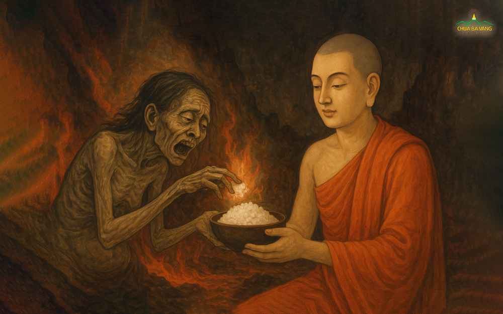 Ngài Mục Kiền Liên dâng thức ăn lên mẹ - là bà Thanh Đề (Ảnh minh hoạ)