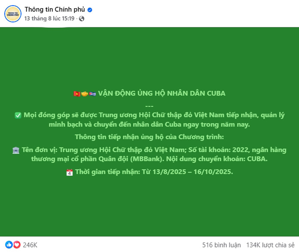 Nguồn Thông tin Chính Phủ: Phát động chương trình vận động ủng hộ Nhân dân Cuba