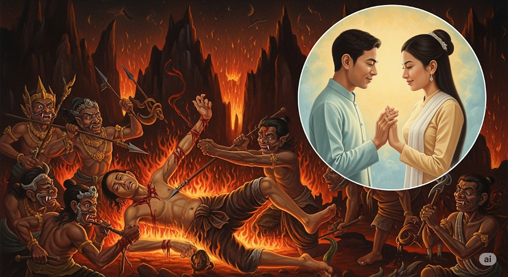 Đọa địa ngục là một trong bốn nạn chờ người ngoại tình sau khi chết (ảnh minh họa)