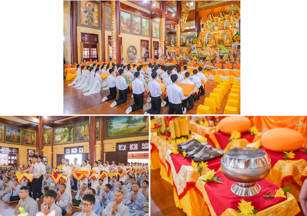 Các Phật tử thực hành theo lời Phật dạy, thành kính dâng phẩm vật cúng dường lên Sư Phụ và chư Tôn đức Tăng