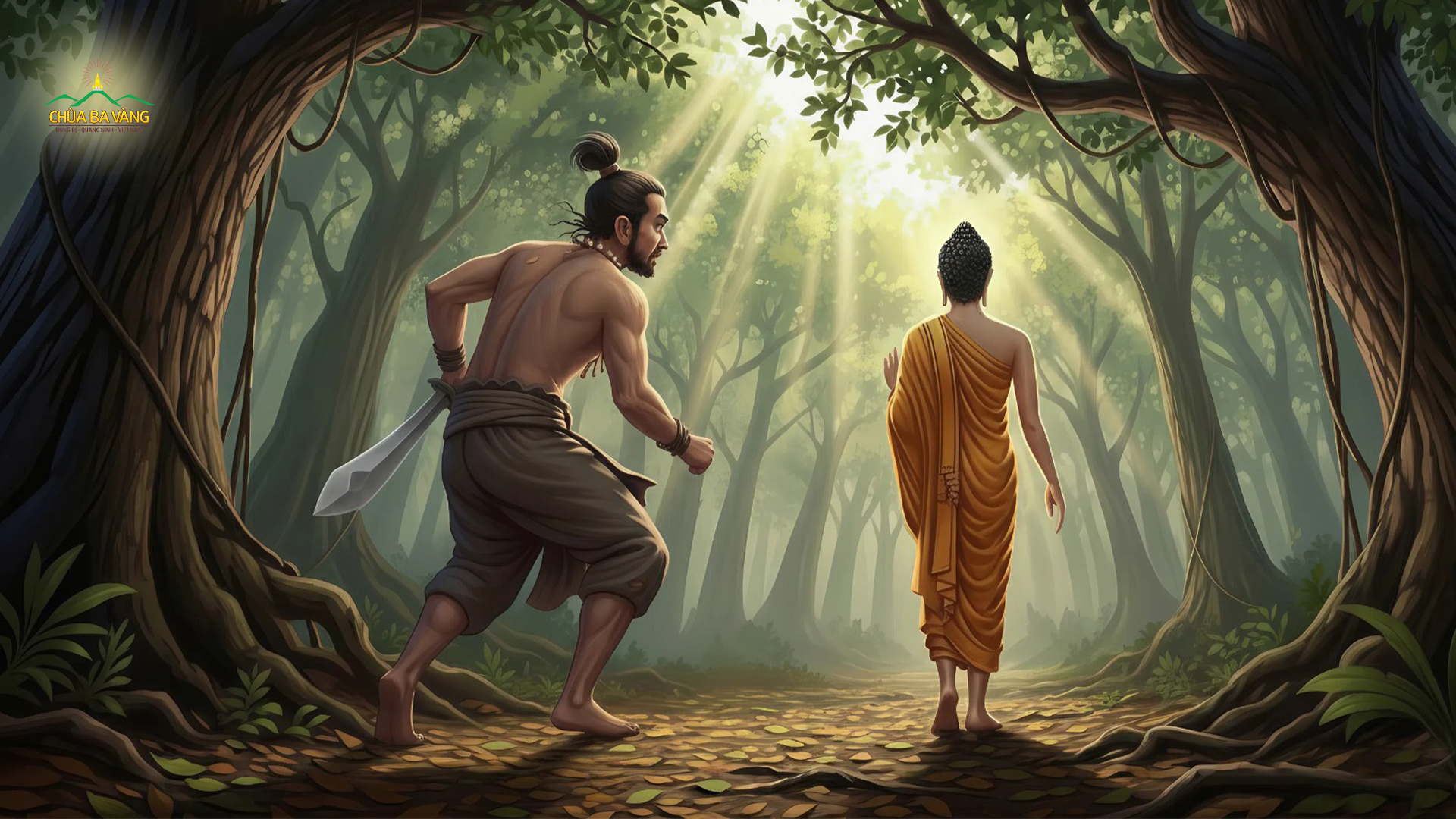 Angulimala dốc sức chạy để đuổi giết Như Lai nhưng không thể bắt kịp (ảnh minh họa)