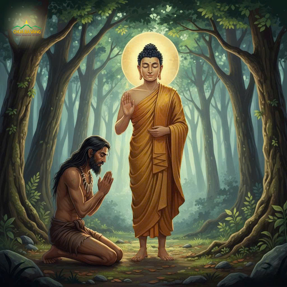 Nhờ lòng từ bi tế độ của Đức Thế Tôn, Angulimala đã bừng tỉnh trước tội ác của mình và xin được gia nhập Tăng đoàn (ảnh minh họa)