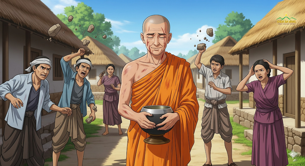 Tôn giả Angulimala bị dân chúng hắt hủi, ném đá,... nhưng Ngài vẫn an tịch, chịu đựng (ảnh minh họa)