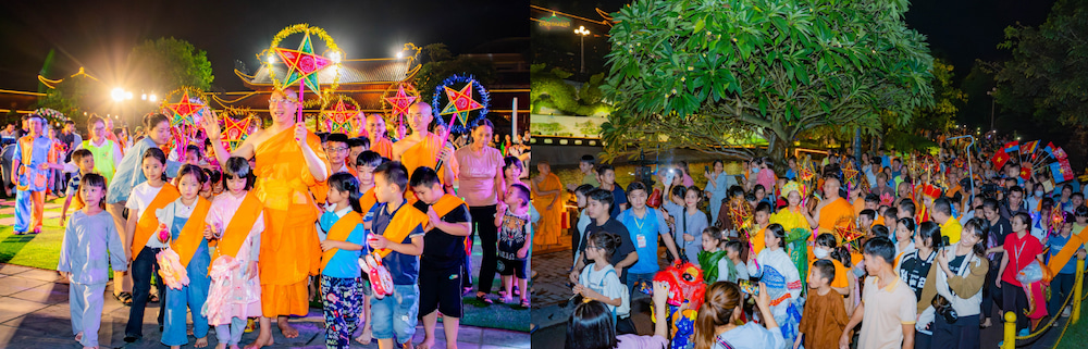 Các em nhỏ háo hức, tay cầm đèn ông sao, đèn cá chép,... theo chân Sư Phụ rước đèn trong khuôn viên chùa (năm 2023)