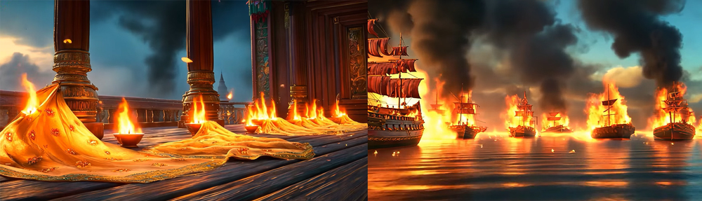 Vì say sưa, bất cẩn, một cây nến đổ bén vào màn, khiến vua Lưu Ly và cả đoàn thuyền đều cháy rụi (Ảnh minh họa)