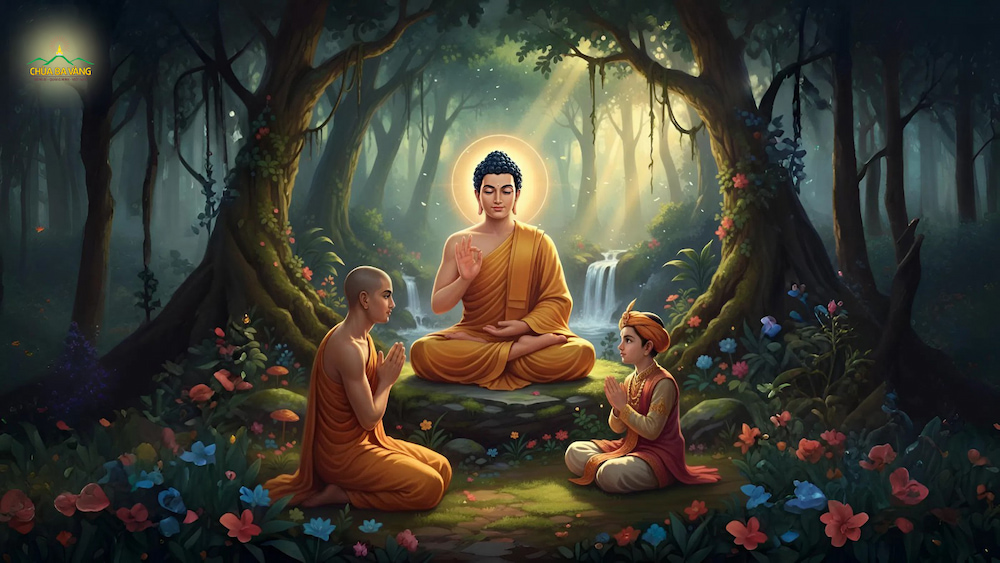 Đức Phật chỉ dạy Tôn giả Xá Lợi Phất làm lễ cạo tóc cho La Hầu La xuất gia (ảnh minh họa)