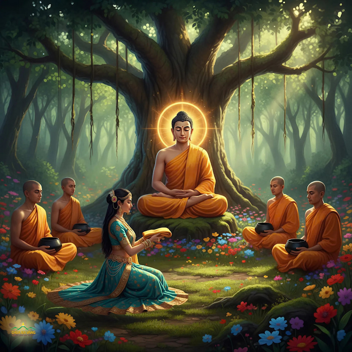 Di mẫu Kiều Đàm Di dâng cúng tấm y lên Đức Phật (ảnh minh họa)  