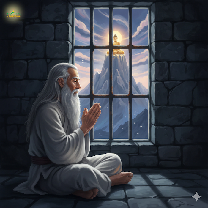 Vua Tần Bà Sa La hướng về Đức Phật, thỉnh cầu Ngài thị hiện để được quy y Tam Bảo và sám hối các tội lỗi (ảnh minh họa)