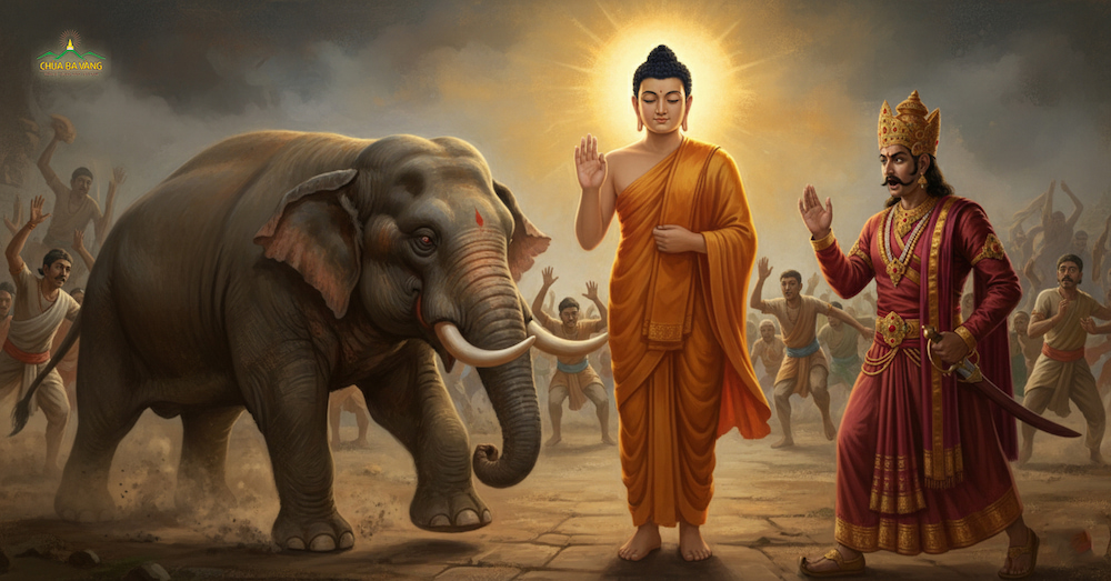 Vua A Xà Thế thả voi say hại Đức Phật (ảnh minh họa)