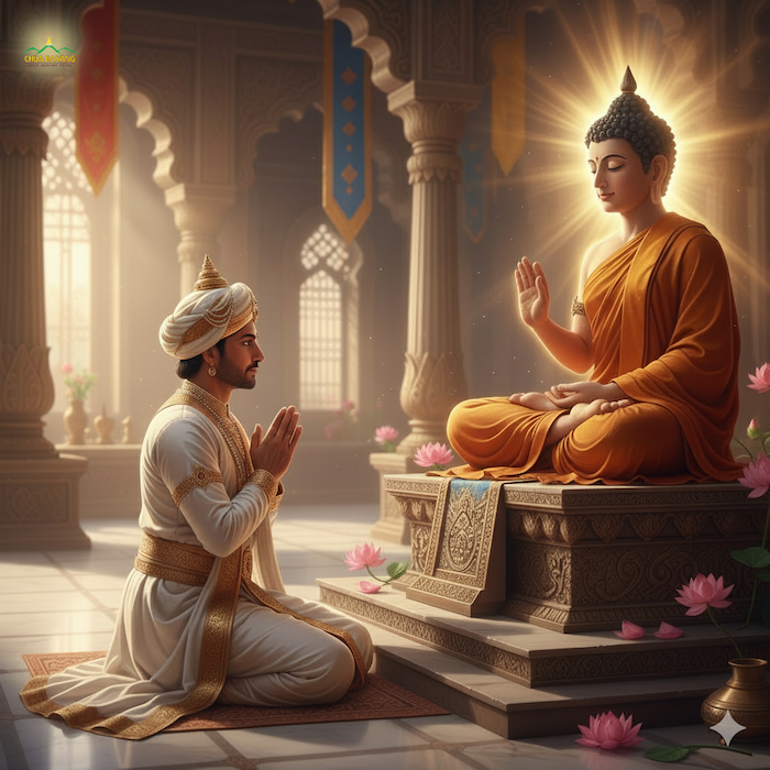 Nhờ năng lực từ bi của Đức Thế Tôn, vua A Xà Thế đã sám hối, quy y Tam Bảo (ảnh minh họa)