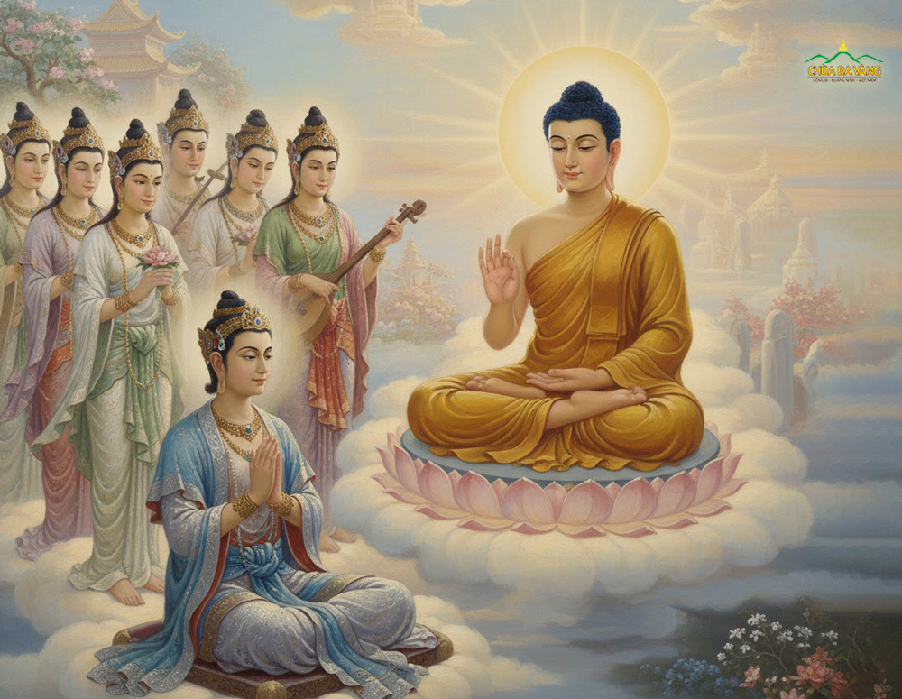 Đức Phật thuyết Pháp cho hoàng hậu Ma Da - mẫu thân của Ngài và chúng chư Thiên ở cung trời Đao Lợi (ảnh minh họa)