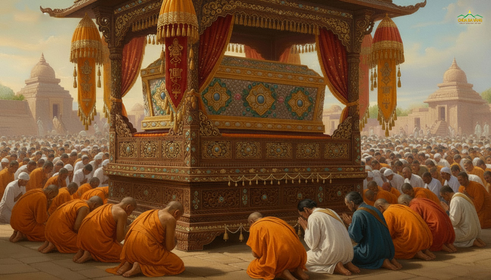 Sau khi Tôn giả Ma Ha Ca Diếp dâng y cúng dường Như Lai, nắp kim quan liền tự đóng lại (ảnh minh họa)