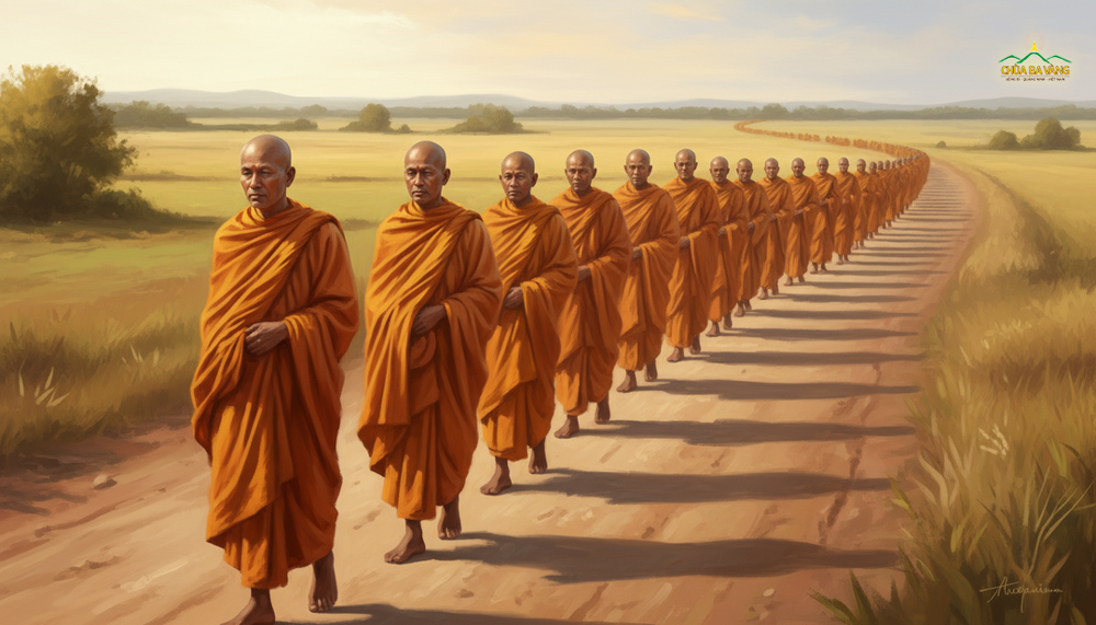 Tôn giả Ma Ha Ca Diếp cùng 500 vị Tỳ kheo đi bộ về thành Câu Thi Na - nơi đang cử hành lễ trà tỳ (ảnh minh họa)