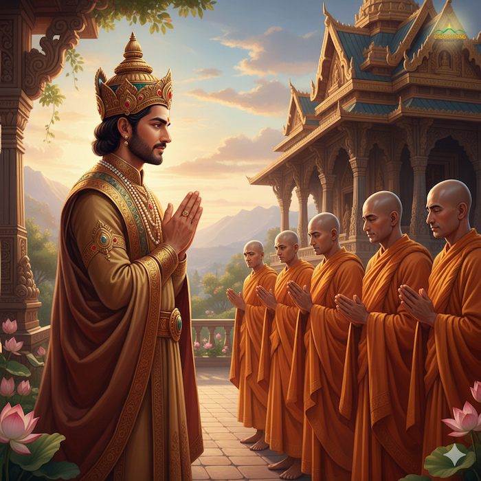 Đức vua Mi Lan Đà cho kiến tạo một ngôi chùa và dâng cúng đến Đại đức Na Tiên (ảnh minh họa)