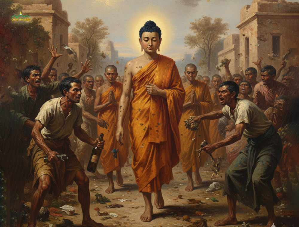 Māgandiyā xúi giục những tên côn đồ đi sau Phật để mắng nhiếc, nhục mạ Ngài (ảnh minh họa)