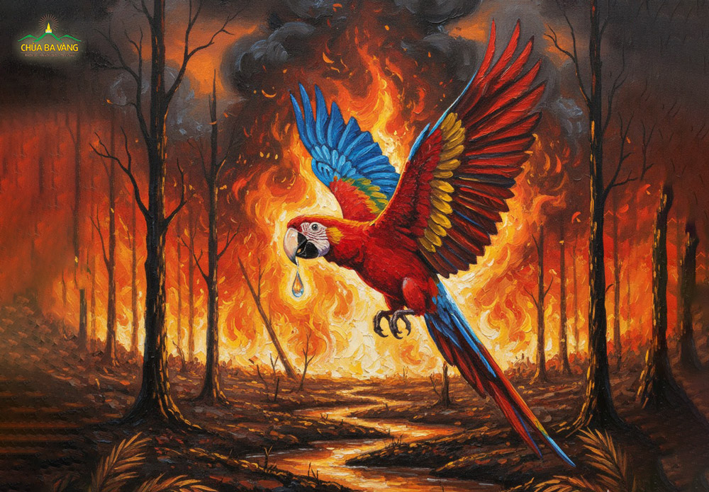 Chim anh vũ bay đi bay về, mải miết lấy nước để dập đám cháy rừng (ảnh minh hoạ)