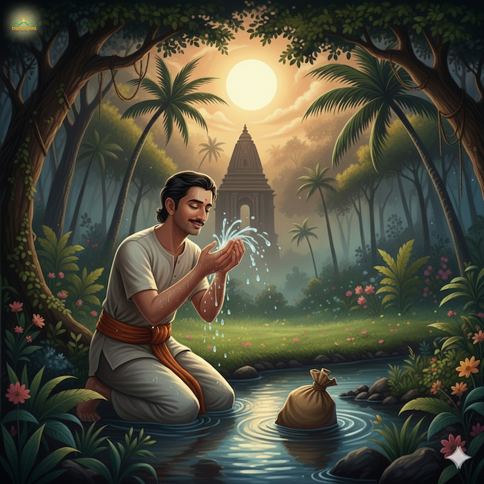 Mahakala đang rửa mặt thì gói đồ của tên trộm rơi đến gần người cư sĩ (ảnh minh họa)