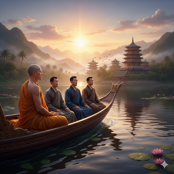 Đại sư An Thế Cao cùng các vị khách lên thuyền đi qua hồ Cung Đình (ảnh minh họa)