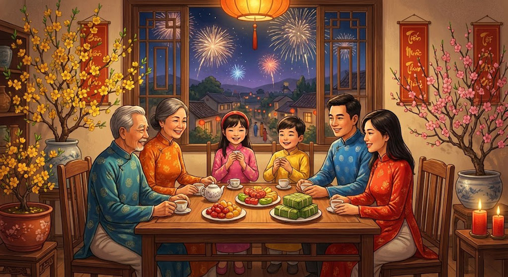 Vào đêm giao thừa, con cháu cùng chúc Tết ông bà, cha mẹ; cha mẹ chúc Tết và răn dạy con cháu (ảnh minh họa)