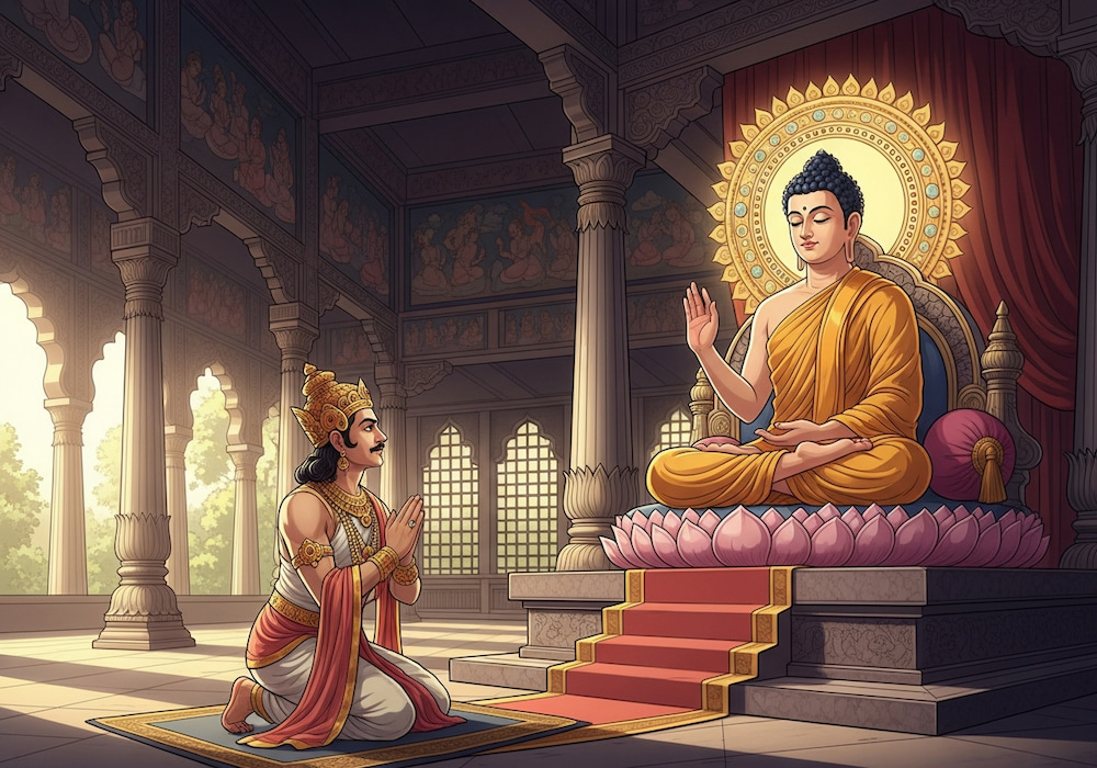 Đức Phật chỉ dạy vua Ba Tư Nặc về cách giảm ăn (ảnh minh họa)