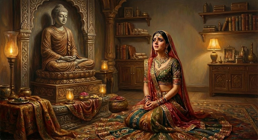 Thiếu nữ Quang Mục - tiền thân Bồ Tát Địa Tạng - đối trước tượng Phật phát lời thệ nguyện rộng lớn (ảnh minh họa)