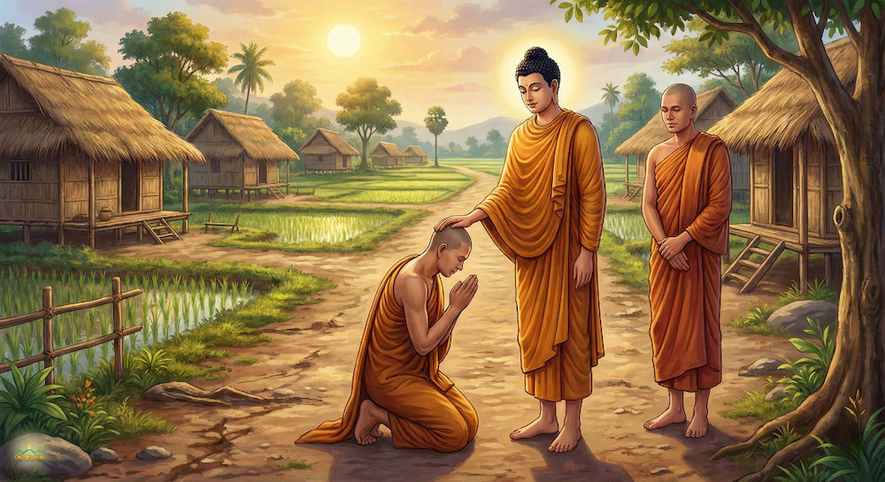 Đức Phật Tỳ Xá Phù xoa đầu và chỉ dạy Ngài Trì Địa Bồ Tát (ảnh minh họa)