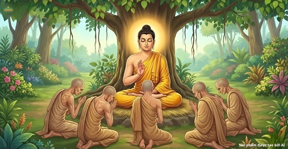 Đức Phật gặp lại những người bạn đồng tu khổ hạnh và thuyết bài Pháp đầu tiên đến cho họ (ảnh minh họa)