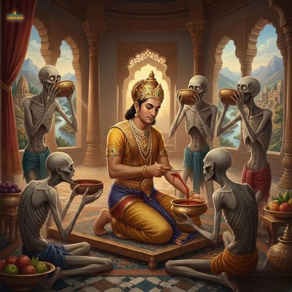 Vua Di Già La Bát La chấp nhận đau đớn để bố thí máu, cứu đói năm con quỷ dạ xoa  (ảnh minh họa)