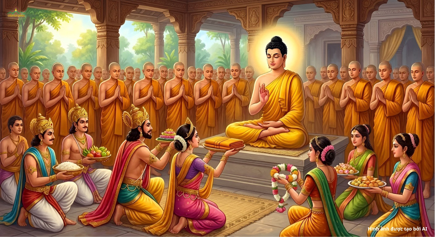 Các Phật tử thành kính dâng cúng tứ sự lên Đức Phật và Tăng chúng vào ngày tự tứ (ảnh minh họa)