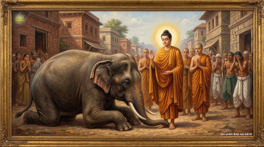 Đức Phật dùng tâm từ để hàng phục voi say (ảnh minh họa)  