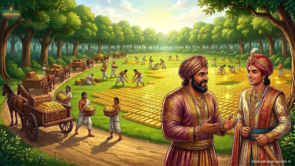 Ông Cấp Cô Độc “lấy vàng đổi đất” với Thái tử Kỳ Đà xây tinh xá để Đức Phật và Tăng chúng tu tập, hoằng dương giáo Pháp (ảnh minh họa)