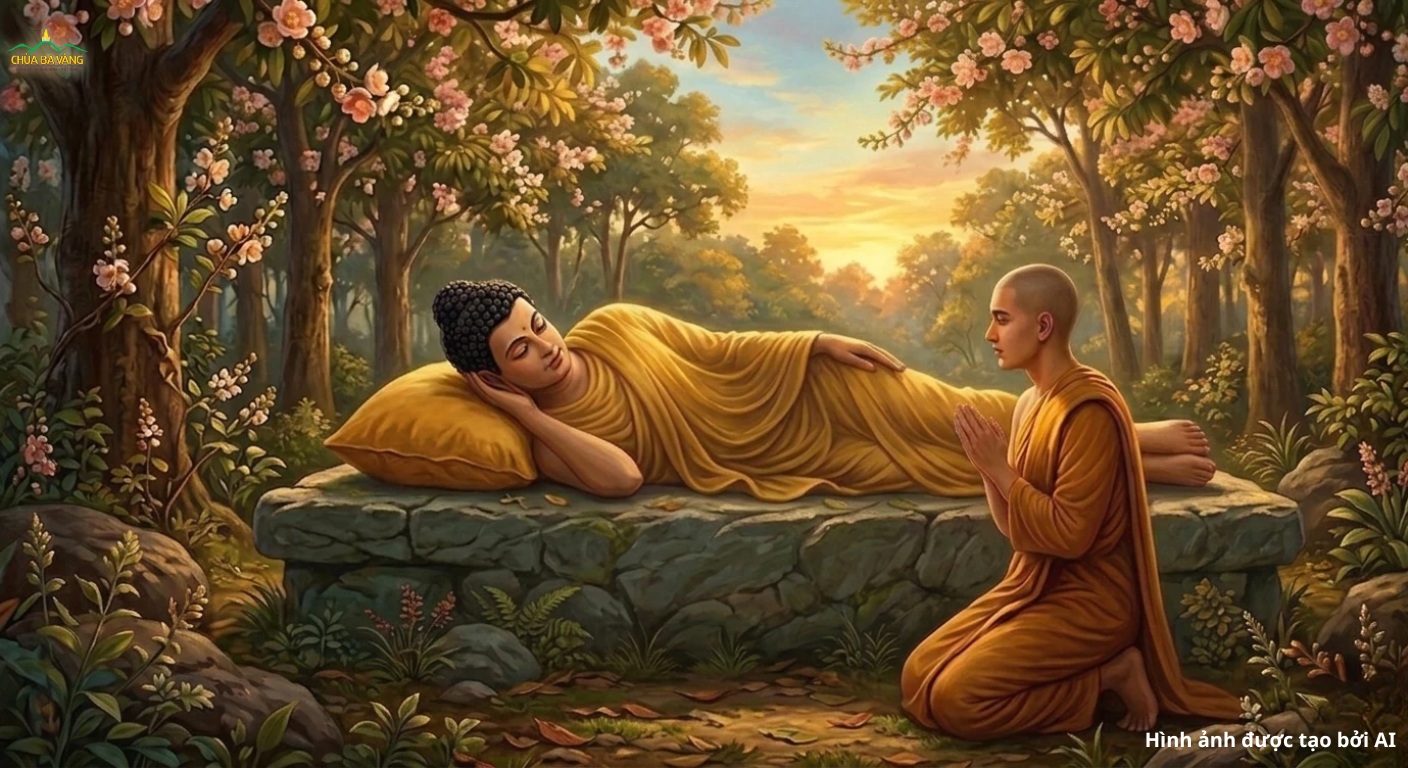 Đức Phật chỉ dạy Tôn giả A Nan Đà đi thông báo với dân làng Malla về việc Ngài nhập Niết bàn (ảnh minh họa)