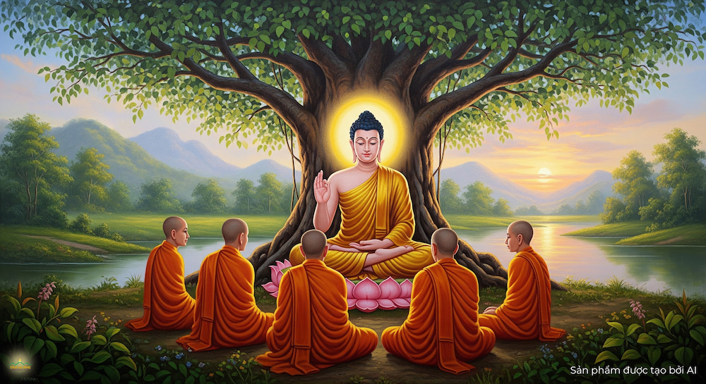 Đức Phật thuyết bài Pháp đầu tiên cho 5 anh em Kiều Trần Như, giúp họ đắc quả A-la-hán (ảnh minh họa)