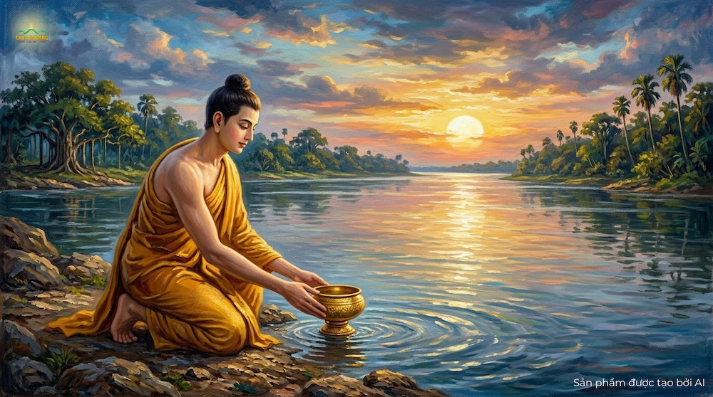 Thái tử Tất Đạt Đa thả chiếc bát xuống dòng nước và phát lời nguyện (ảnh minh họa)