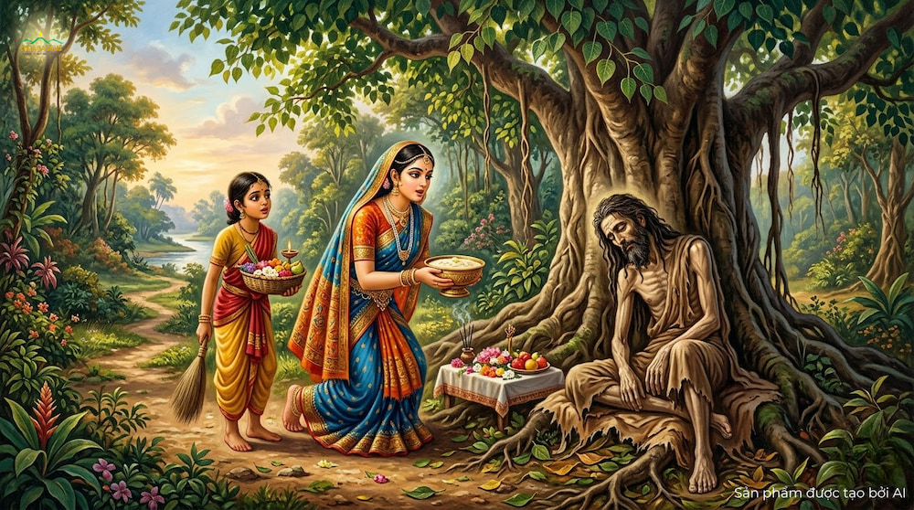 Nàng Sujata mang bát cháo sữa dâng cúng Thái tử Tất Đạt Đa khi Ngài đang kiệt quệ (ảnh minh họa)