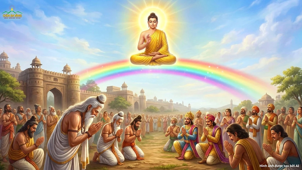 Hóa thân của Phật ngồi trên cầu vồng năm màu, thuyết giảng chính Pháp cho công chúng (ảnh minh họa)