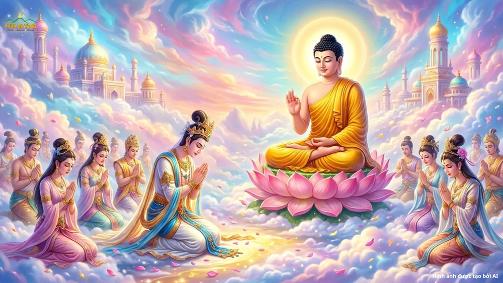 Đức Phật lên cõi trời Đao Lợi, thuyết Pháp độ mẫu thân (bấy giờ là một vị Thiên tử) và chúng sinh ở các tầng trời khác (ảnh minh họa)