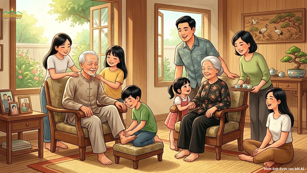 Người con có hiếu thường nghĩ đến việc phụng dưỡng, chăm lo cho ông bà, cha mẹ (ảnh minh họa)