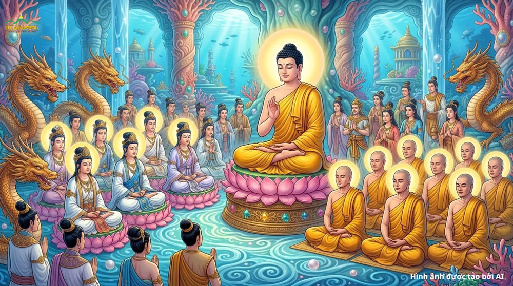 Đức Phật thuyết bộ kinh Thập Thiện tại Long cung cho các hàng Bồ tát, La Hán và trời, rồng cùng nghe (ảnh minh họa)