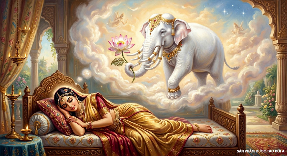 Hoàng hậu Ma Da nằm mộng thấy voi trắng sáu ngà, vòi ngậm một bông hoa sen (ảnh minh họa)  