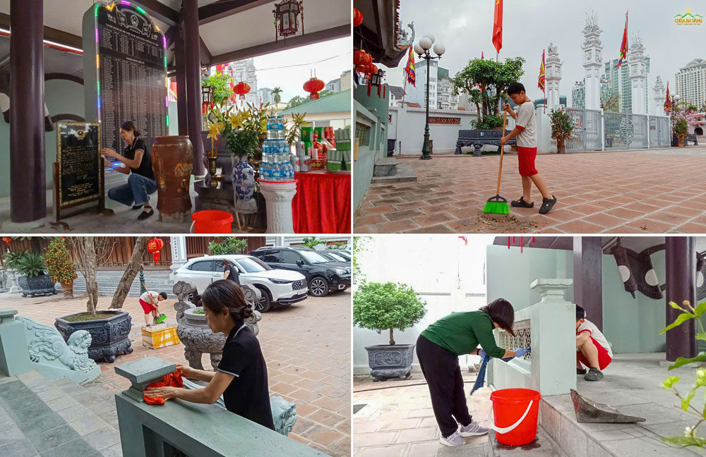 Lau tấm bia danh sách liệt sĩ, quét sân, cọ rửa bậc thềm — từng góc nhỏ được chăm chút cẩn thận